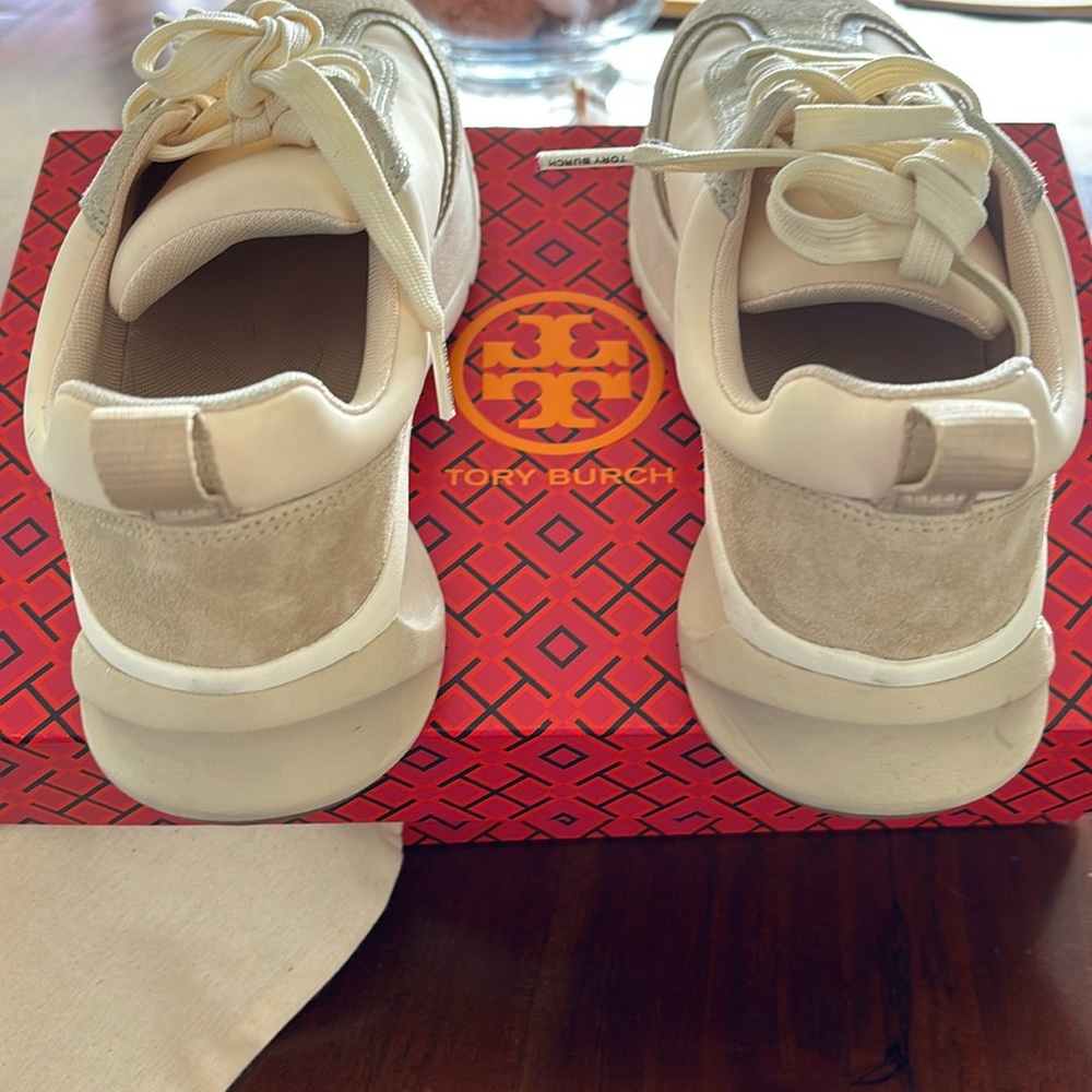Tory Burch Good Luck trainer. French Pearl/ Dulce de ledge/biscotti.